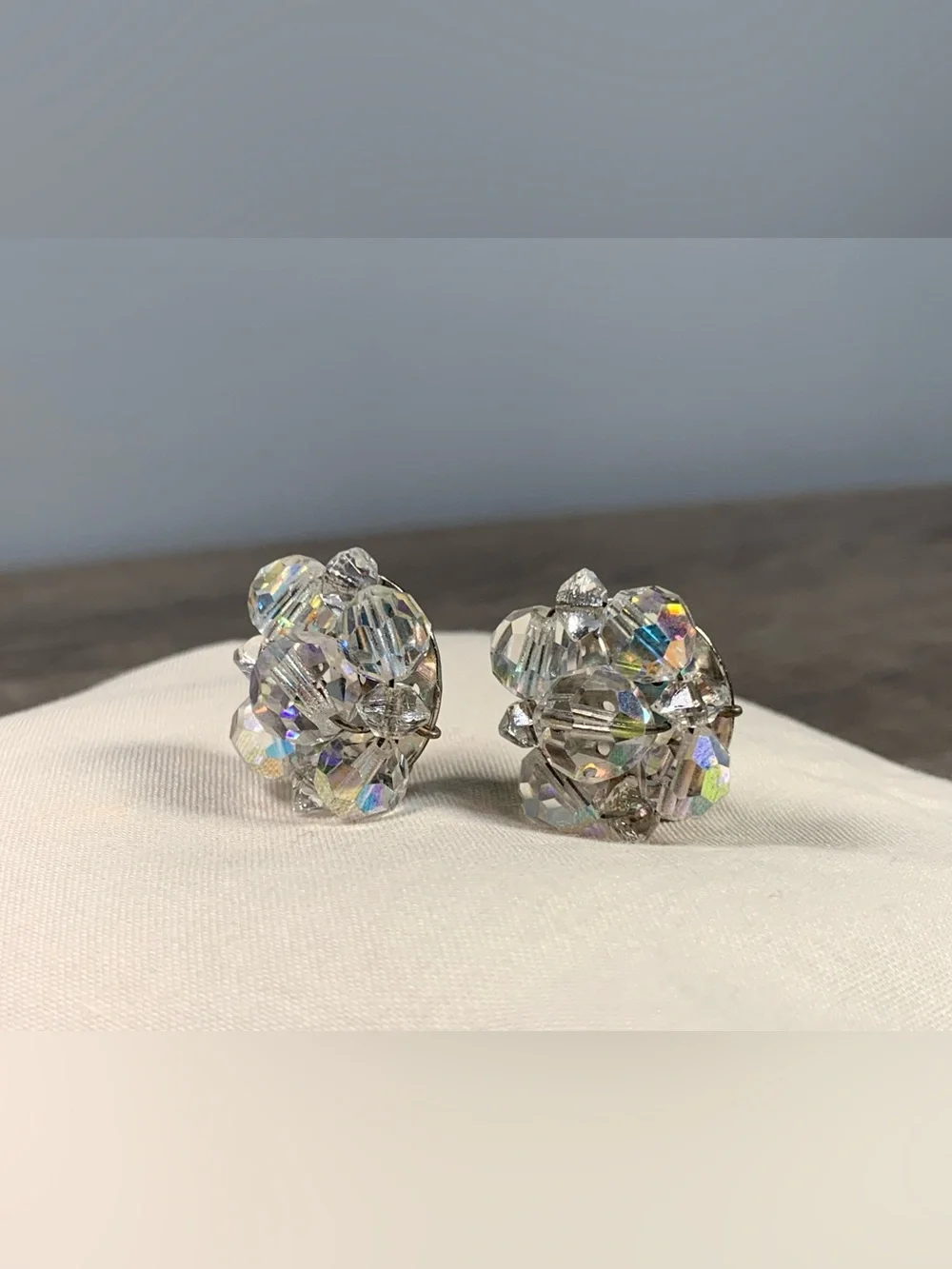 Vintage Beaded Cluster AB Iridescent Clip On Earrings Clear